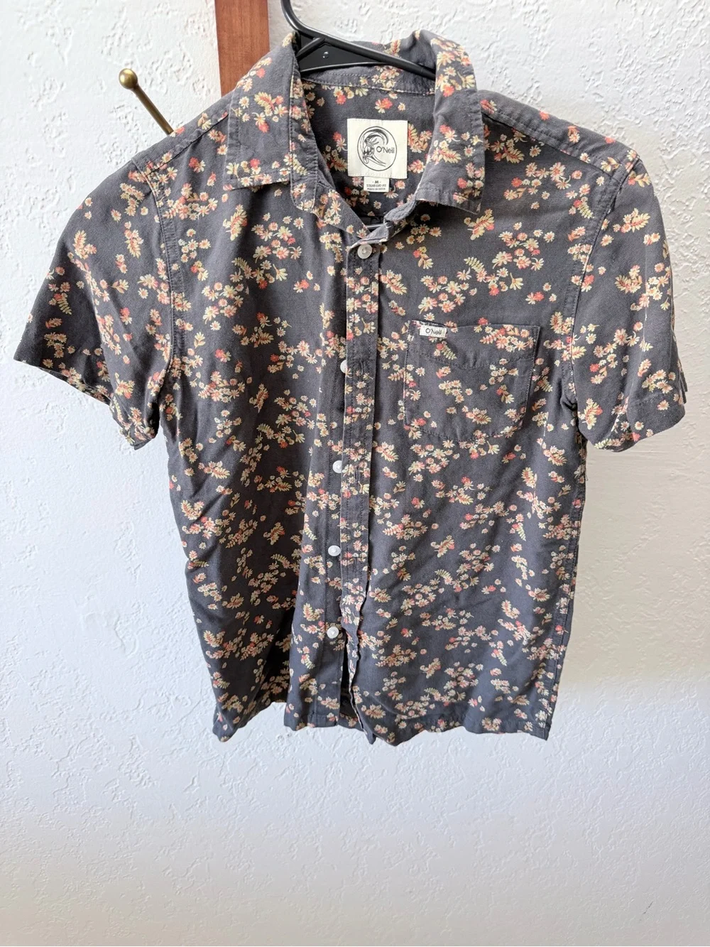 O'Neill Charcoal Short-Sleeve Button-Up with Pink Floral Pattern